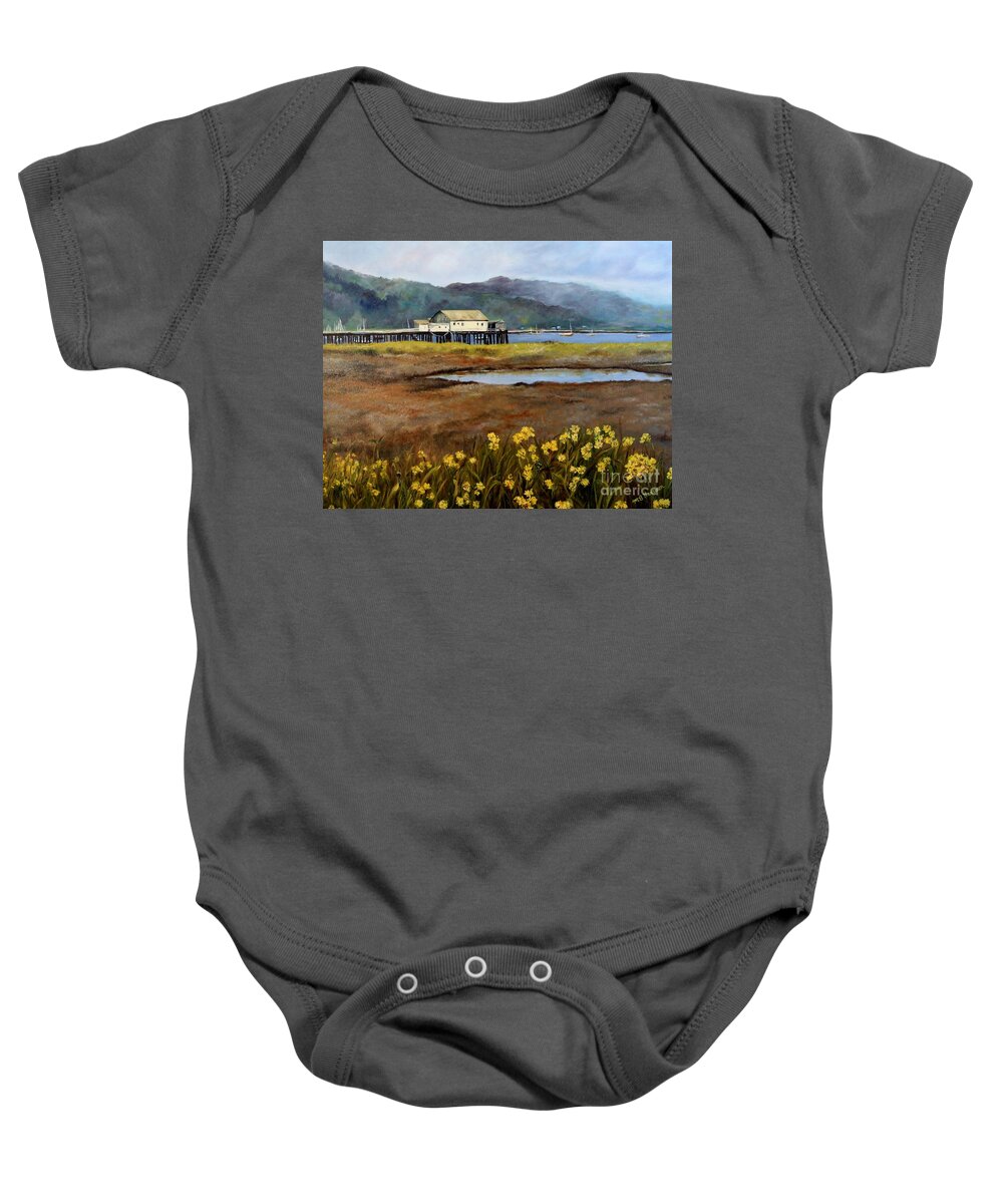 Landscape Baby Onesie featuring the painting Romeo Pier by Mary Beth Harrison