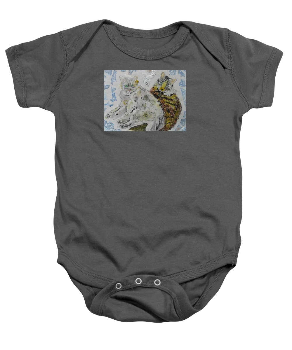 Cats Baby Onesie featuring the painting Harley Quinn and Hank the Tank by AJ Brown