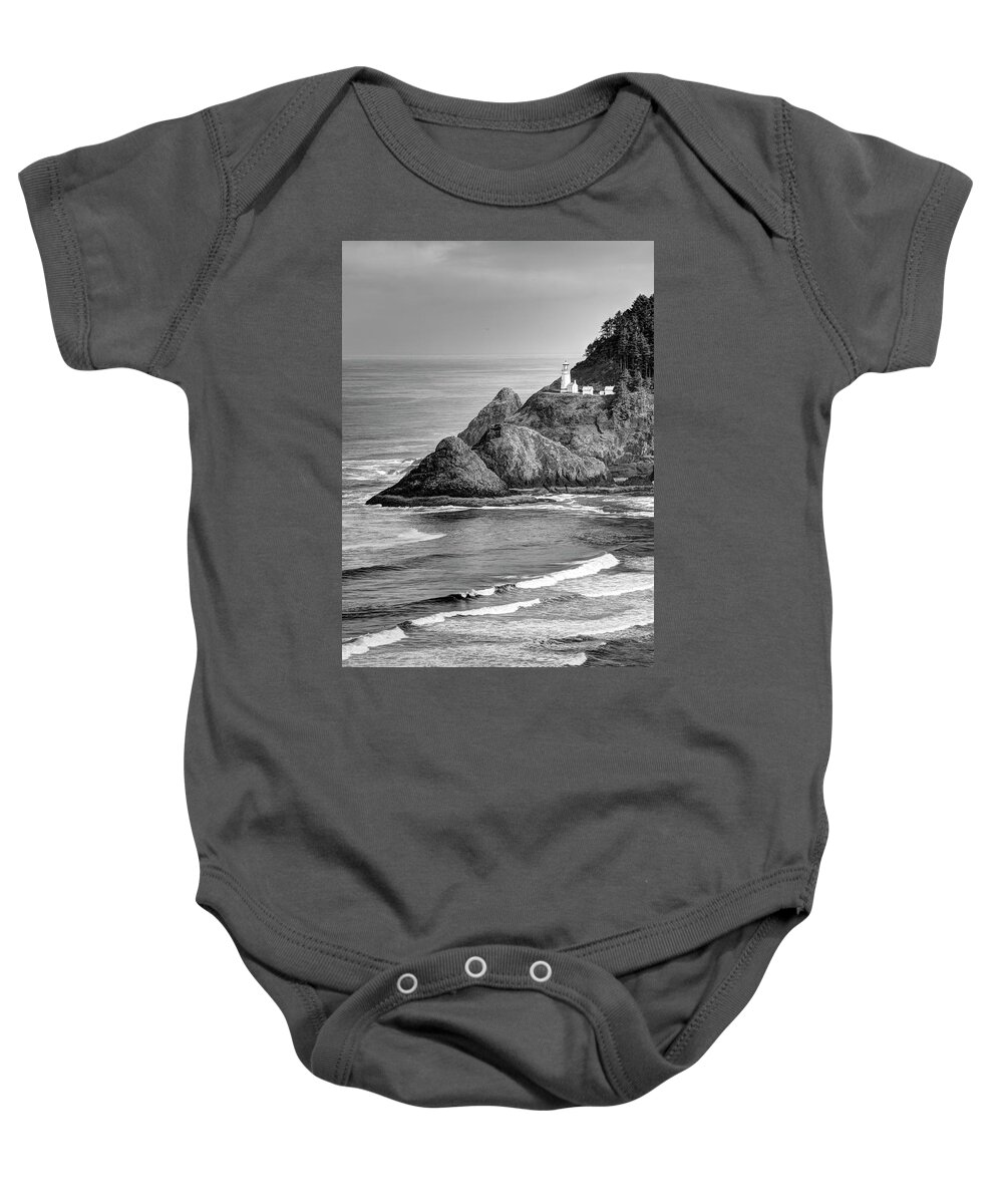 Oregon Baby Onesie featuring the photograph Heceta Head Light in Black and White by Harold Rau
