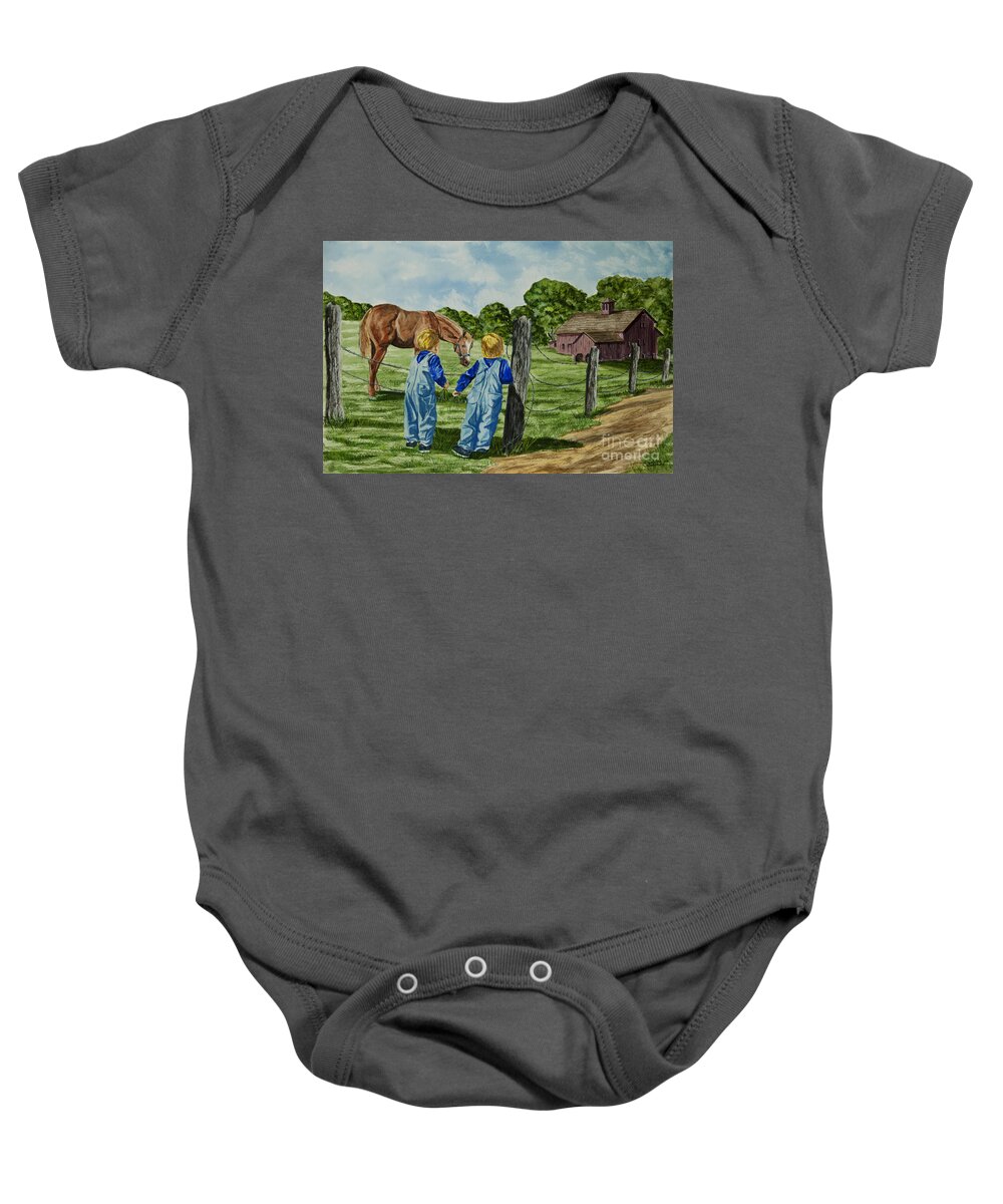 Country Kids Art Baby Onesie featuring the painting Here Horsey Horsey by Charlotte Blanchard