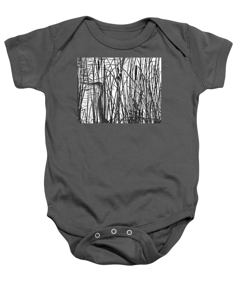 Blue Heron Baby Onesie featuring the photograph Heron in the Grass in BW by Jennifer Robin