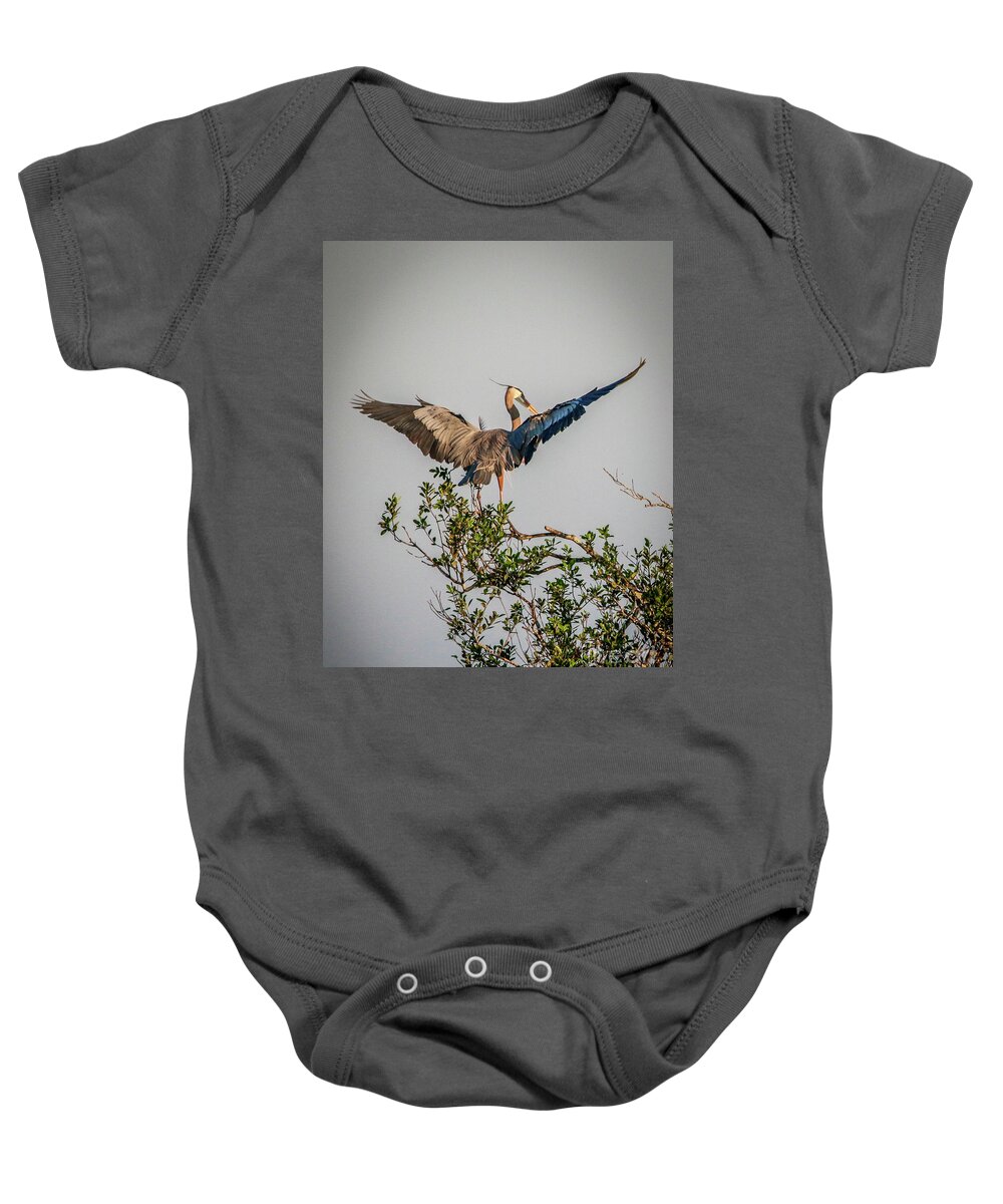 Heron Baby Onesie featuring the photograph Heron Treetop Landing by Tom Claud