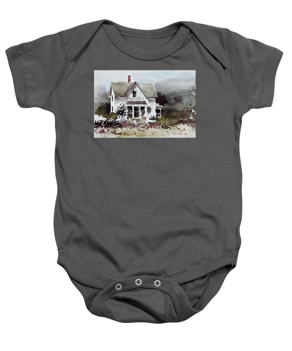 A Two Story White House In Minneapolis Baby Onesie featuring the painting Heyl House, Minneapolis, Kansas by Monte Toon