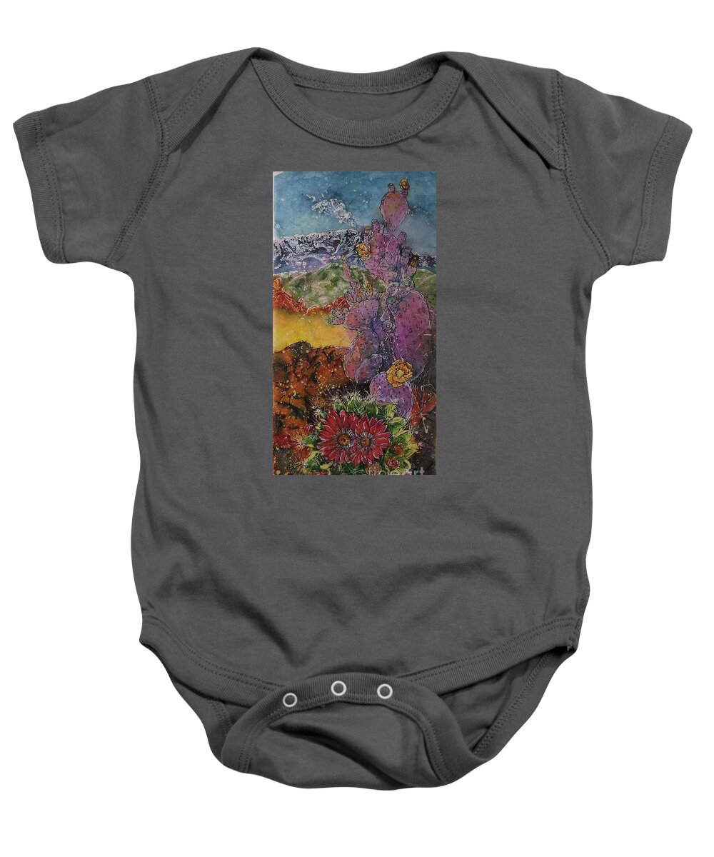 Watercolor Batik Baby Onesie featuring the mixed media High Desert Spring by Carol Losinski Naylor