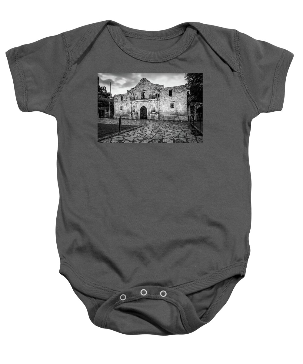 America Baby Onesie featuring the photograph Historic Alamo Mission - San Antonio Texas - Black and White by Gregory Ballos