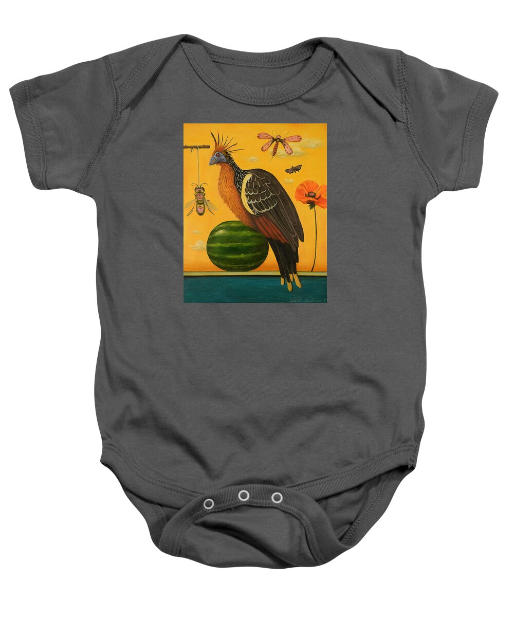 Hoatzin Baby Onesie featuring the painting Hoatzin 2 by Leah Saulnier The Painting Maniac