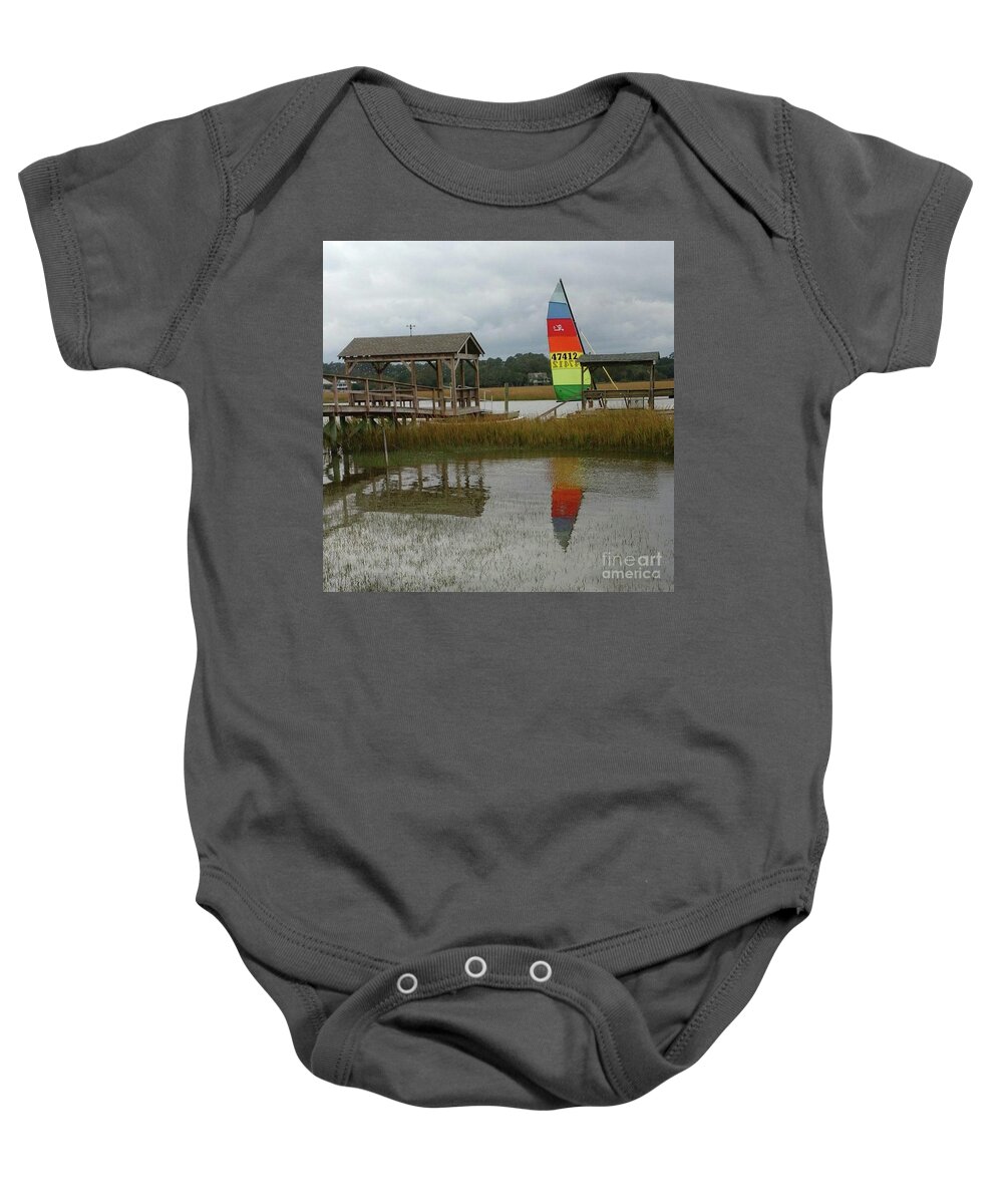 Hobie Cat Baby Onesie featuring the photograph Hobie Cat Reflection by Anita Adams