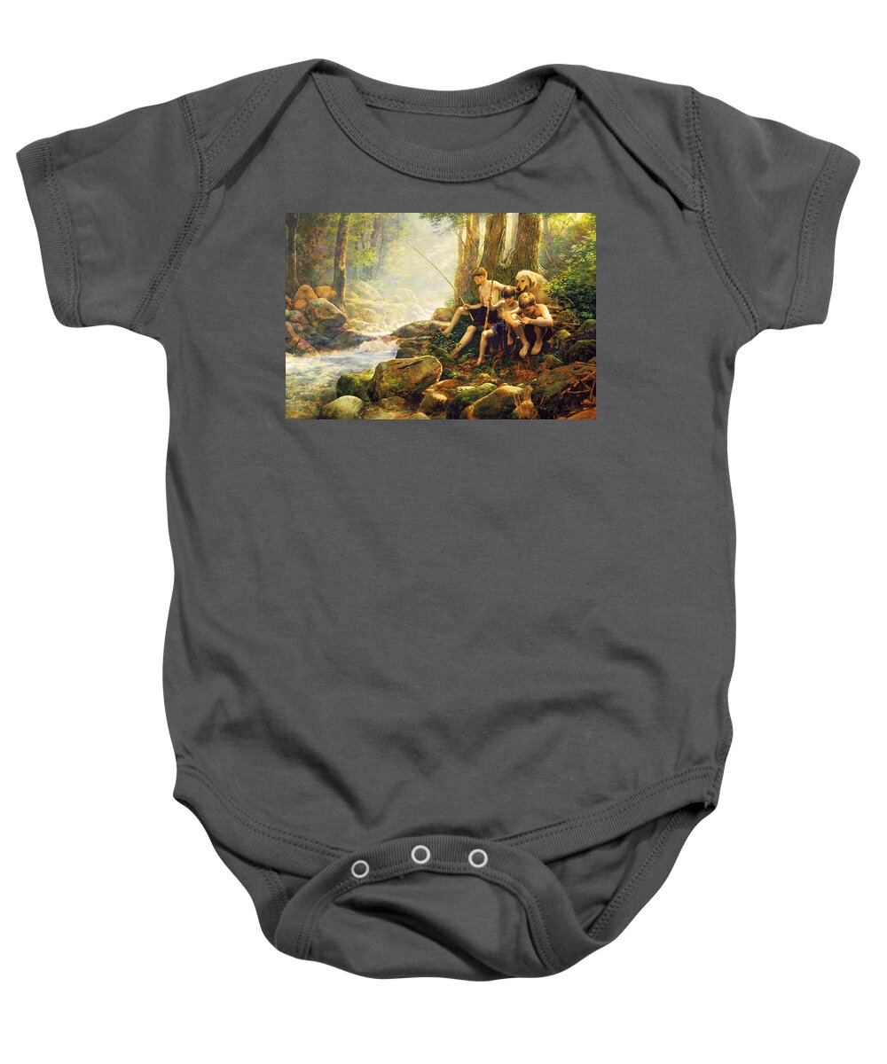 Fishing Baby Onesie featuring the painting Hook Line and Summer by Greg Olsen