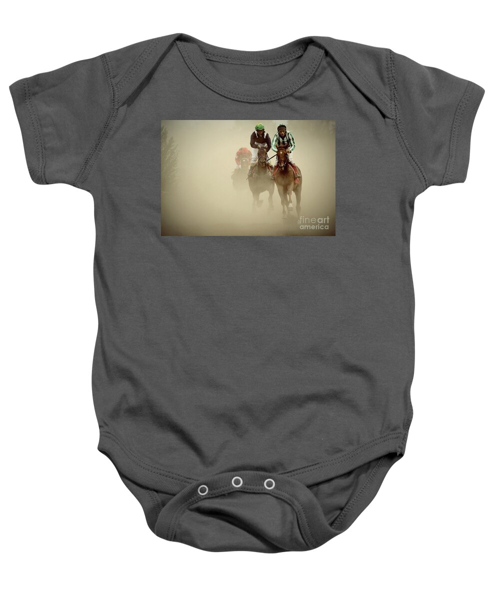 Horse Baby Onesie featuring the photograph Horse Racing in Dust by Dimitar Hristov