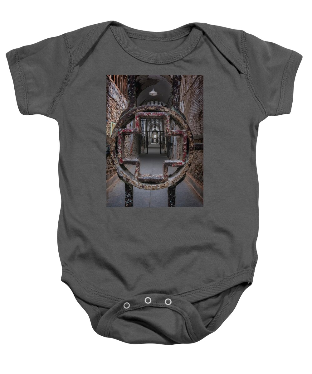 Eastern State Penitentiary Baby Onesie featuring the photograph Hospital Cellblock Gate by Tom Singleton