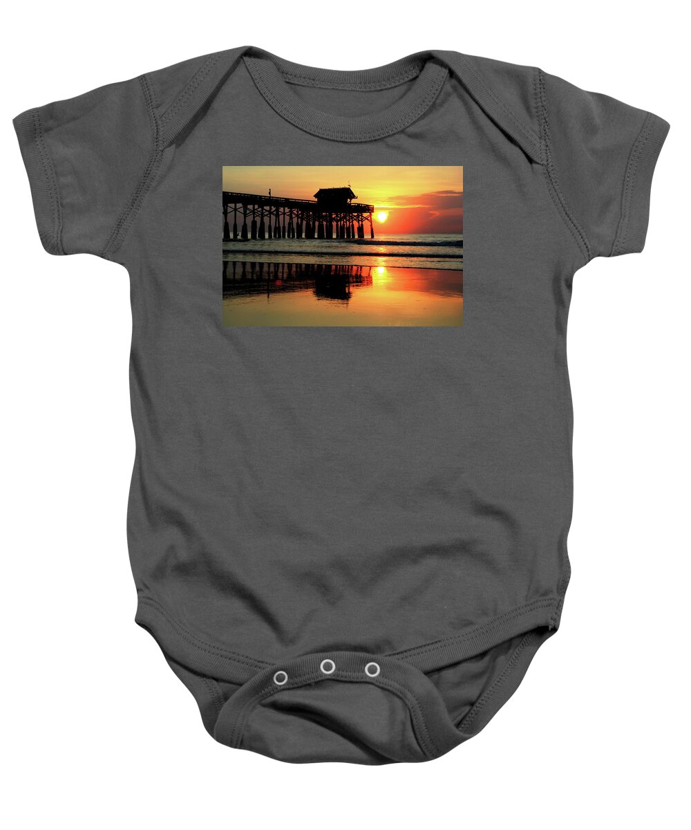 Cocoa Beach Pier Baby Onesie featuring the photograph Hot Sunrise Over Cocoa Beach Pier by Carol Montoya