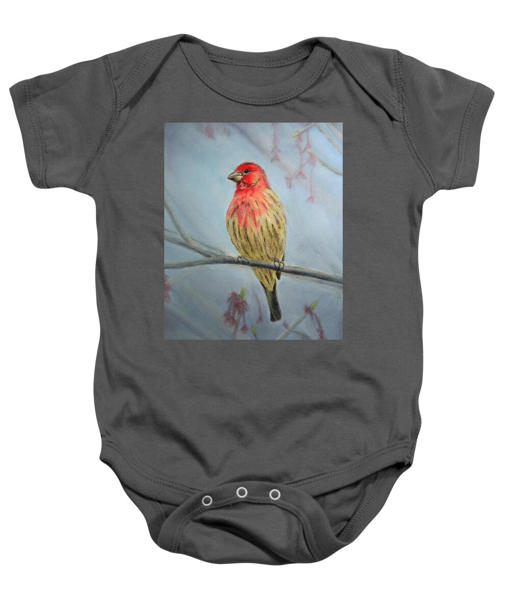 House Finch Baby Onesie featuring the painting House Finch by Marna Edwards Flavell