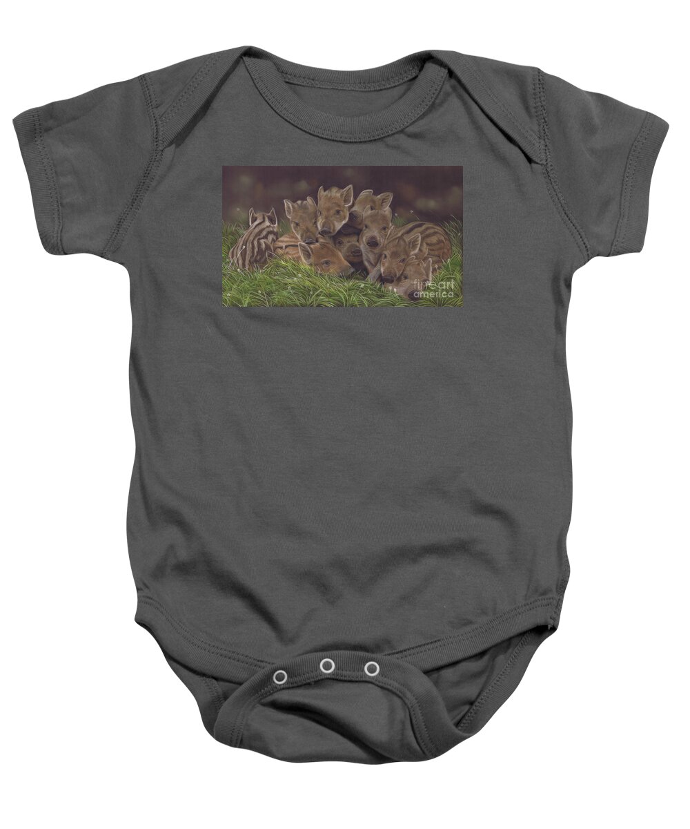 Wild Boar Baby Onesie featuring the painting Huddle of Humbugs by Karie-ann Cooper