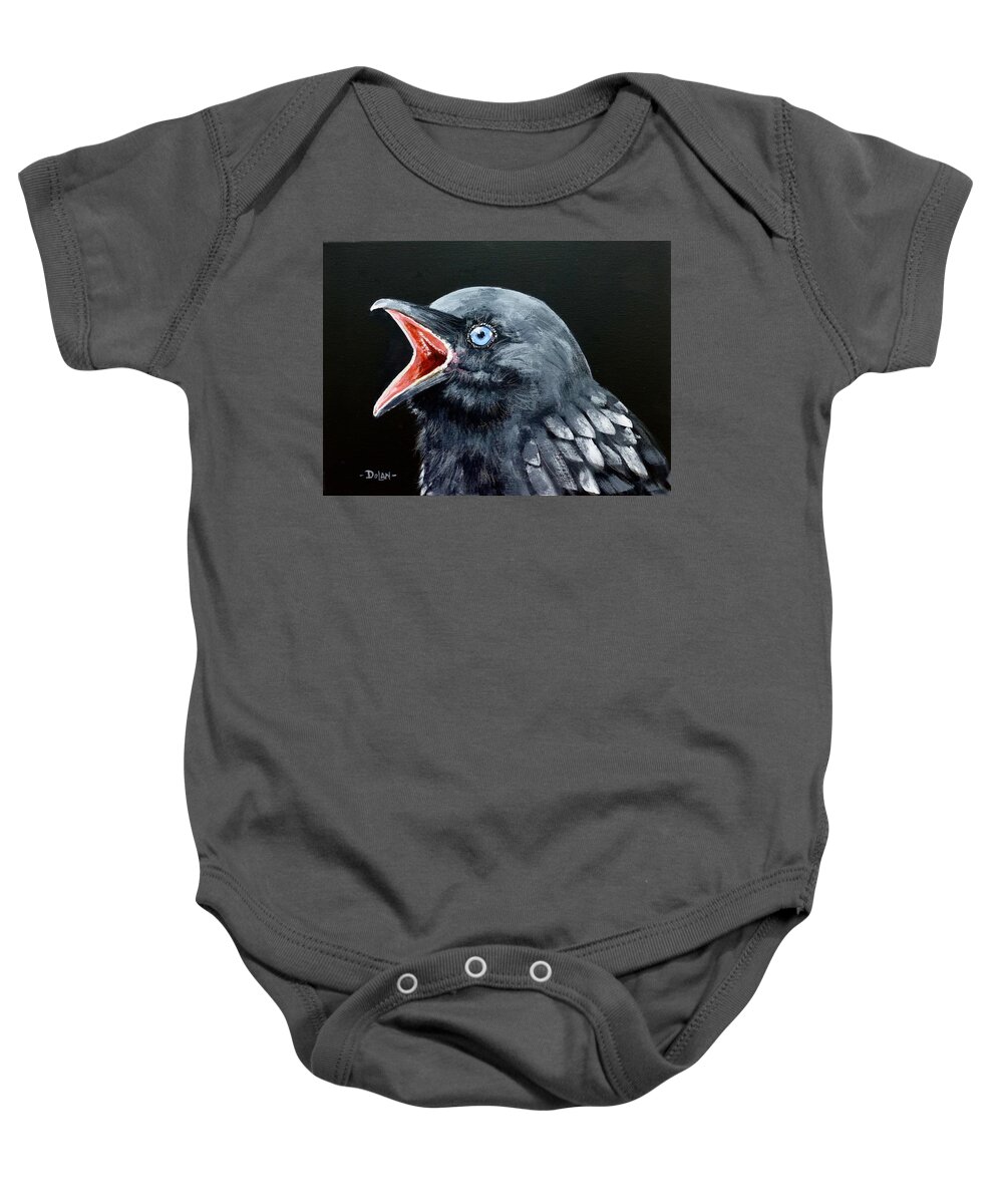 Raven Baby Onesie featuring the painting Hungry Baby Raven by Pat Dolan