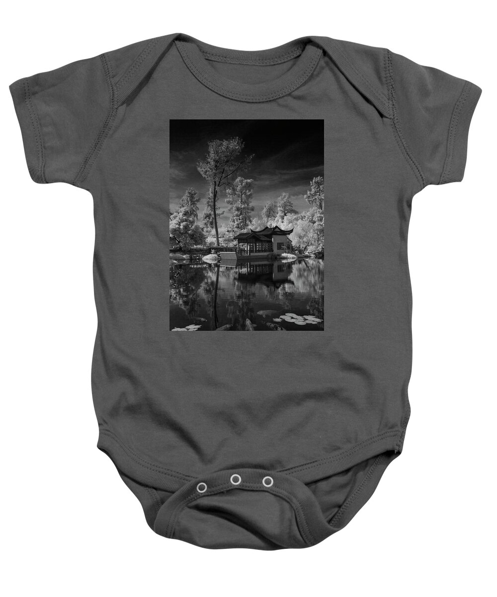 Garden Baby Onesie featuring the photograph Huntington Chinese Botanical Garden in California with Koi Fish in Black and White Infrared by Randall Nyhof