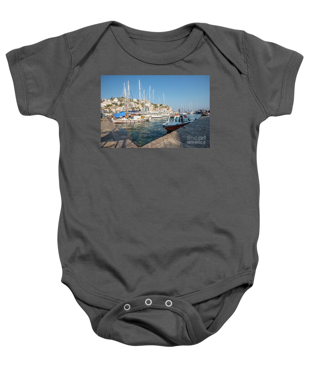 Aegis Baby Onesie featuring the photograph Hydra habour by Hannes Cmarits