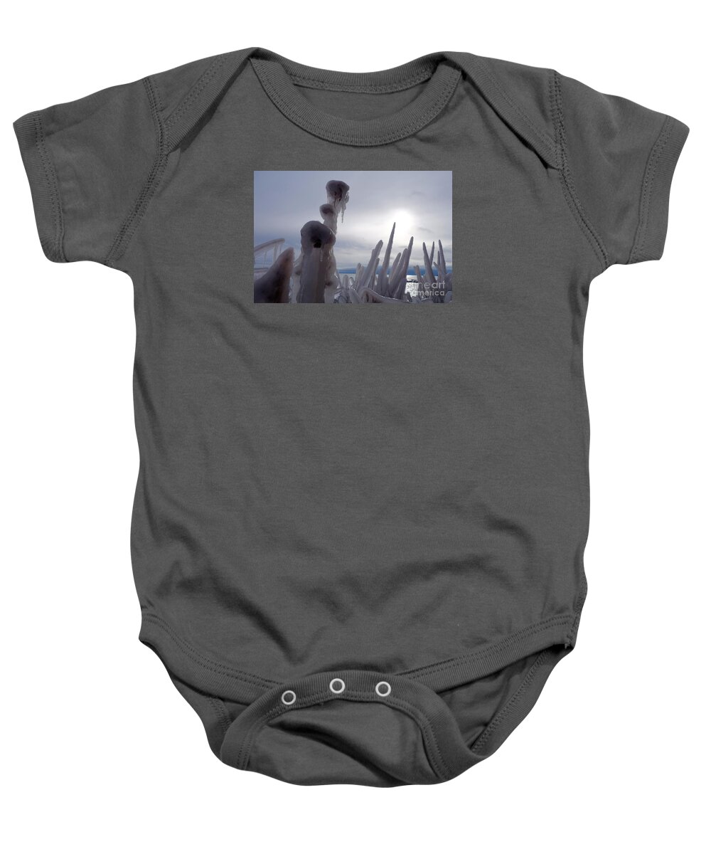Ice Formations Baby Onesie featuring the photograph Icy Sentinels on Superior by Sandra Updyke