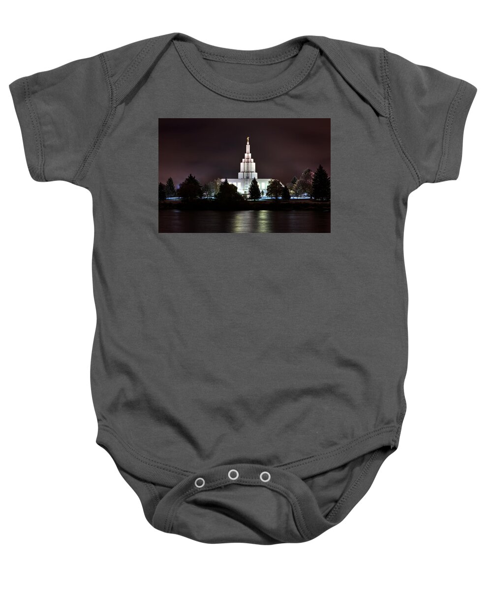 Angel Moroni; Herald; Idaho Falls Temple; Night; River; Sacred; Sacred Places; Worship; Baby Onesie featuring the photograph Idaho Falls Temple over the River at Night by David Andersen