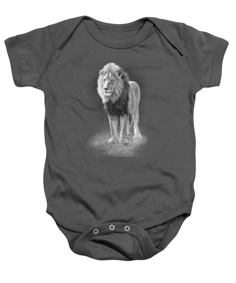 Lion Baby Onesie featuring the painting In His Prime - Black and White by Lucie Bilodeau