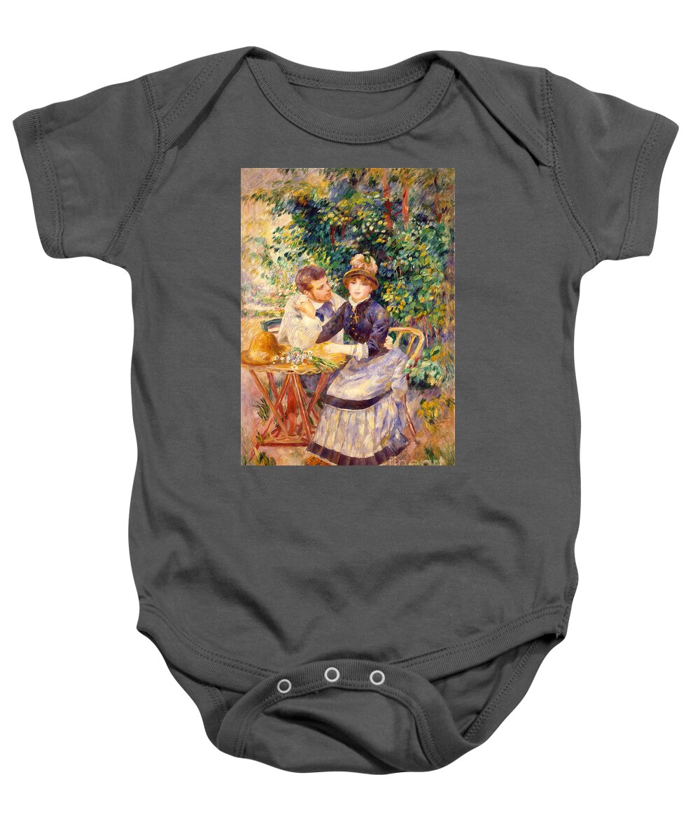 Impressionism; Impressionist; Male; Female; Relationship; Lovers; Flirtation; Coy; Seated; Attentive; Wooing; Flowers; Persistence; Persistent Baby Onesie featuring the painting In the Garden by Pierre Auguste Renoir