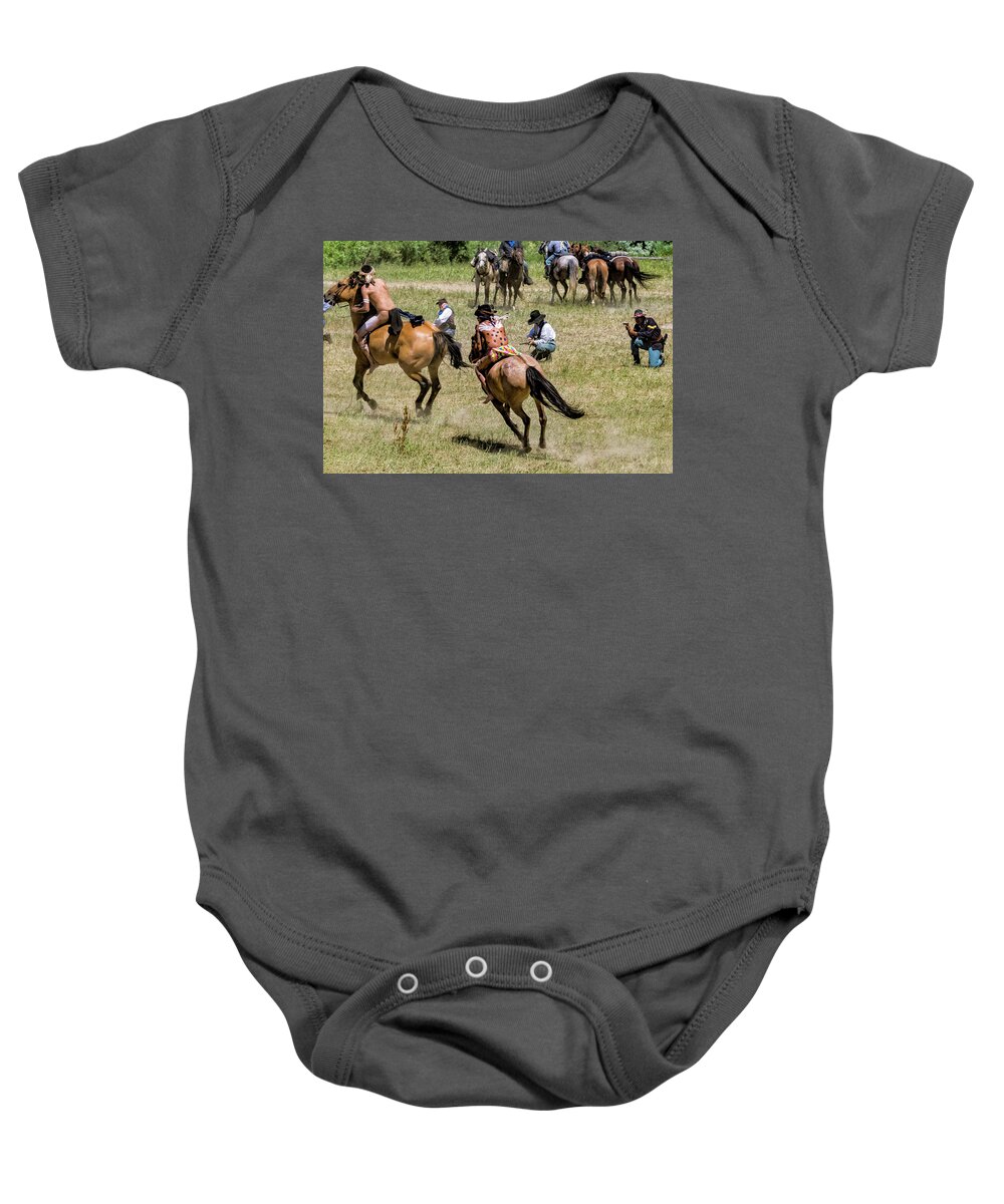 Little Bighorn Re-enactment Baby Onesie featuring the photograph Indian Warriors Engaging The Cavalry by Donald Pash