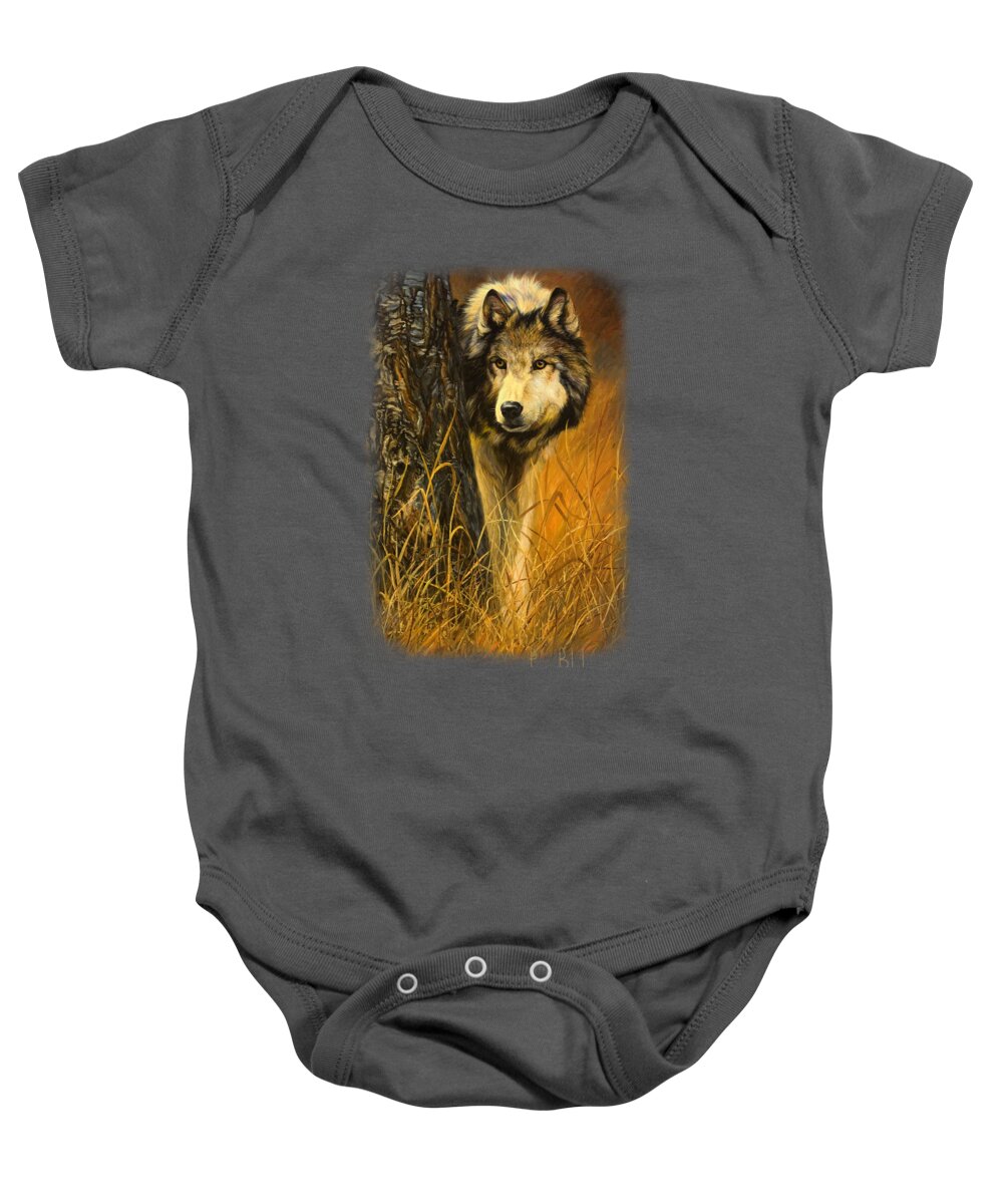 Wolf Baby Onesie featuring the painting Interested by Lucie Bilodeau