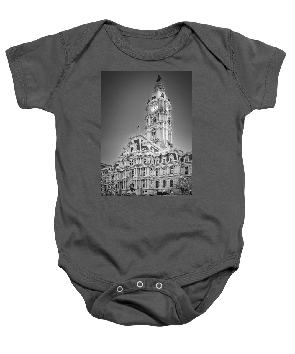 Philadelphia City Hall Baby Onesie featuring the photograph It's Five O'Clock In Philly BW by Susan Candelario