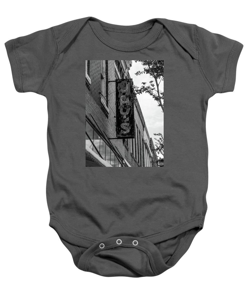 Black And White Baby Onesie featuring the photograph Jay's sign in BW by Doug Camara