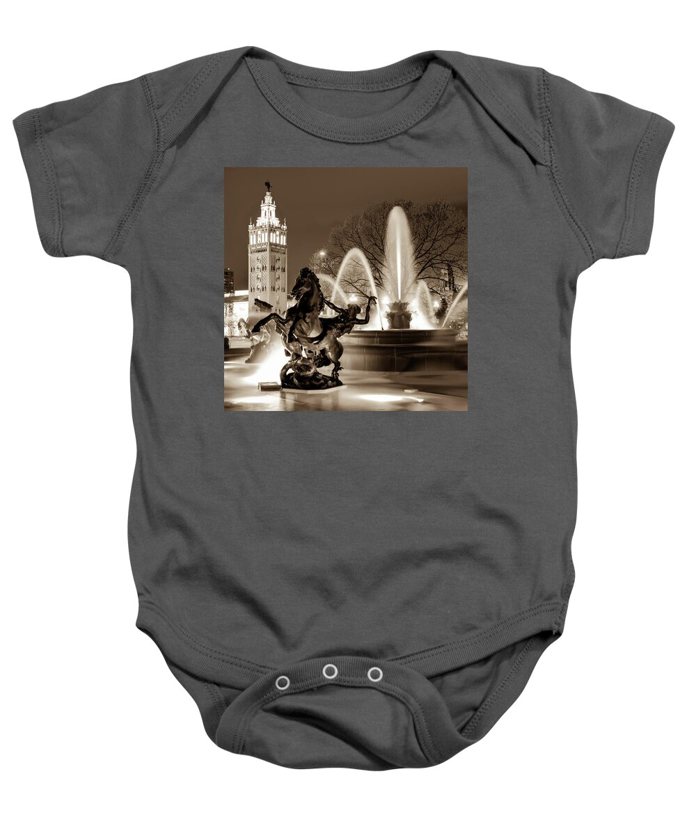 America Baby Onesie featuring the photograph J.C. Nichols Fountain Statues - Kansas City Plaza in Sepia by Gregory Ballos