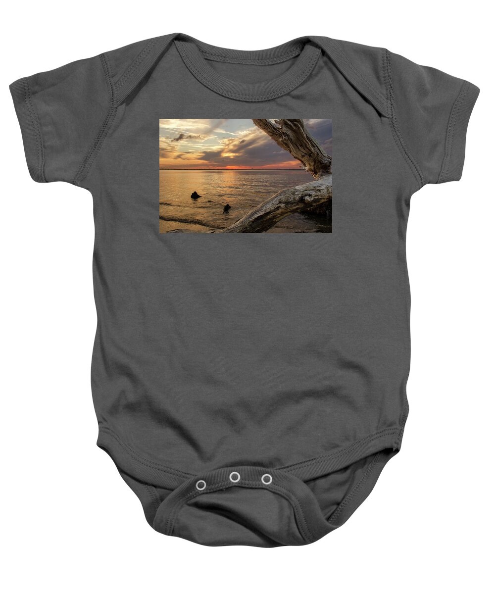 Jekyll Island Baby Onesie featuring the photograph Jekyll Driftwood At Sunset by Greg and Chrystal Mimbs