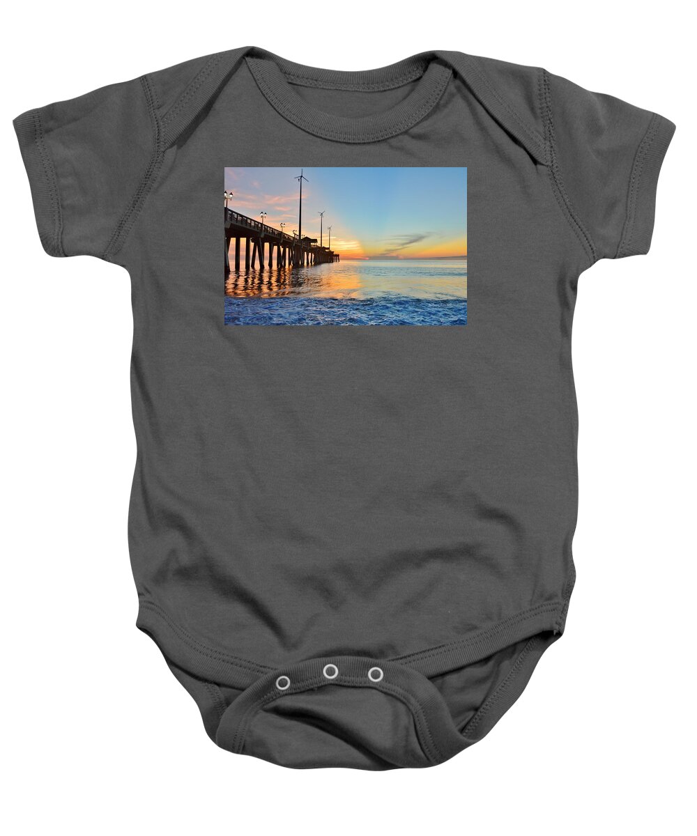 Obx Sunrise Baby Onesie featuring the photograph Jennette's Pier Aug. 16 by Barbara Ann Bell