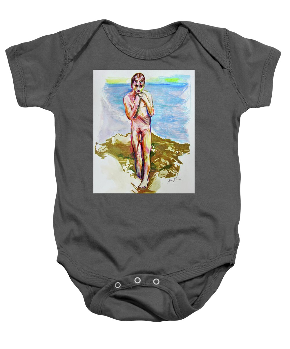 Nude Figure Baby Onesie featuring the painting Jeremy at the Beach by Rene Capone