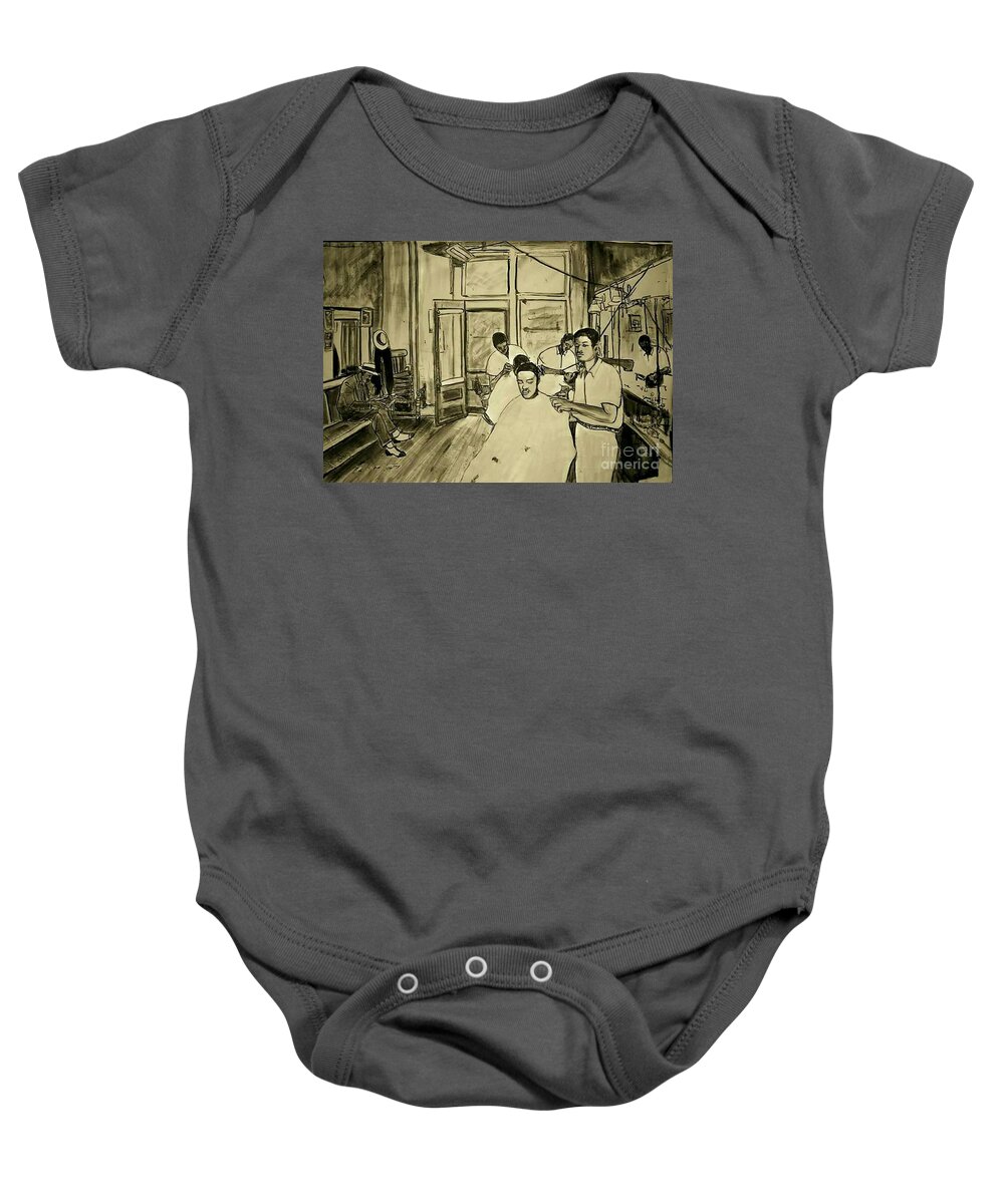 Barber Shop Hair Baby Onesie featuring the painting Jesse's Paradise Barbershop by Tyrone Hart
