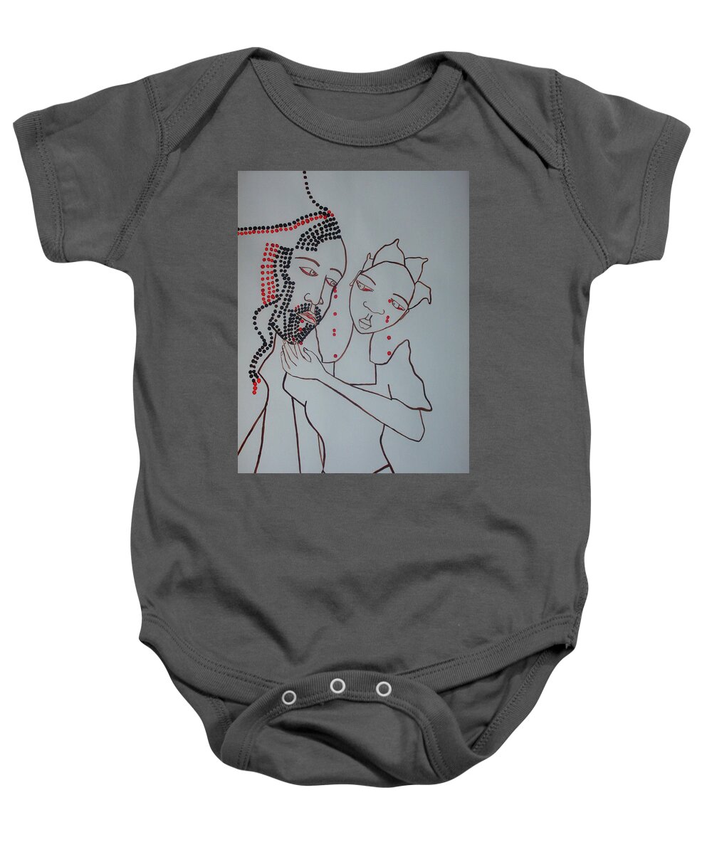 Jesus Baby Onesie featuring the painting Jesus Meets Our Lady On Calvary by Gloria Ssali