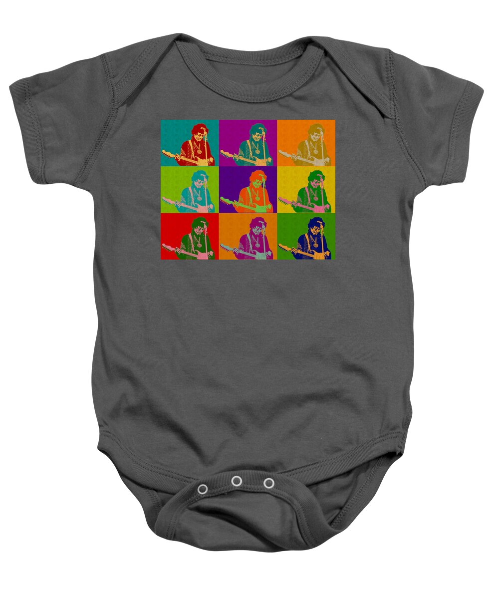 Jimi Hendrix Baby Onesie featuring the digital art Jimi Hendrix in the style of Andy Warhol by Anthony Murphy