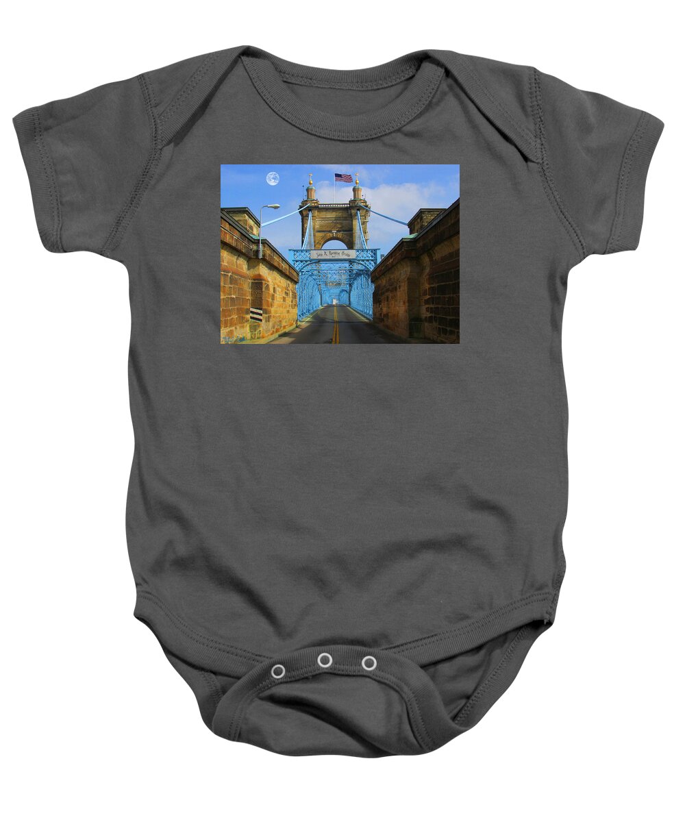 John A. Roebling Baby Onesie featuring the photograph John A. Roebling Suspension Bridge by Michael Rucker