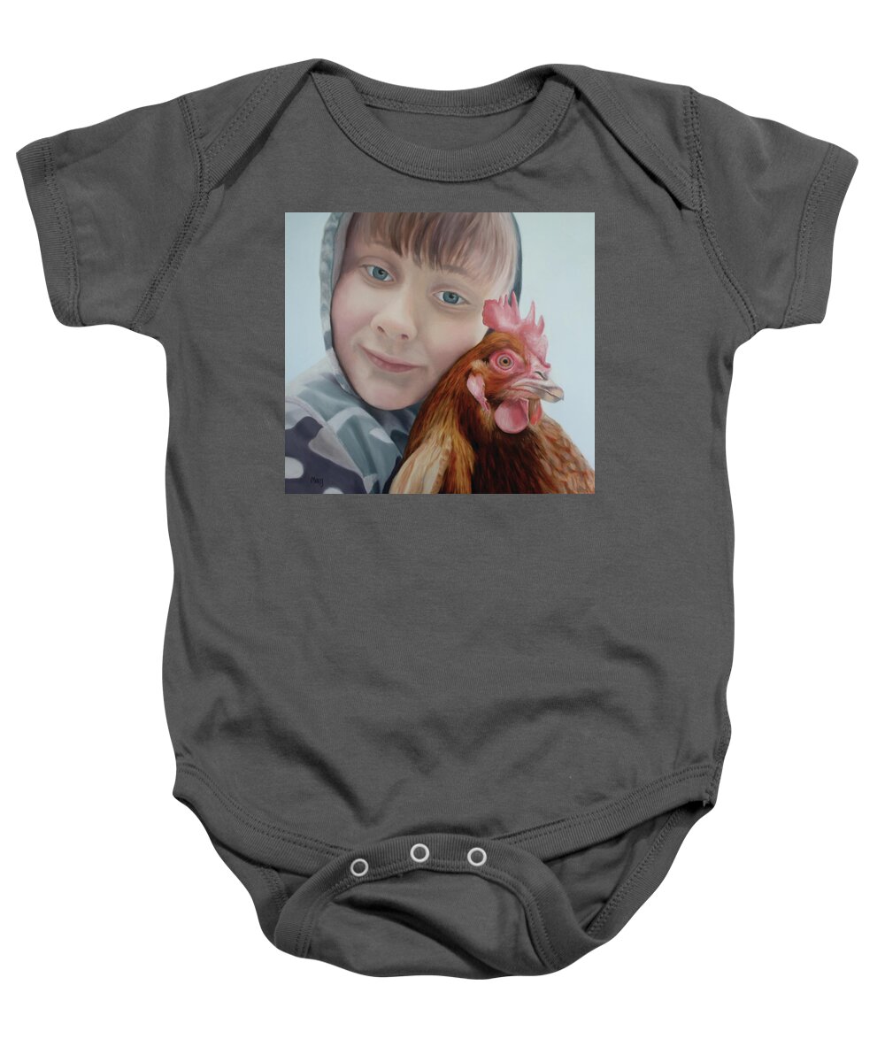 Boy; Chicken; Friendship; Caring; Camouflage; Contemplation Baby Onesie featuring the painting Johnathan by Marg Wolf