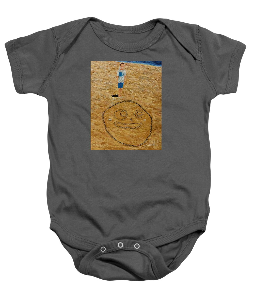 Child Baby Onesie featuring the painting Jorden draw self portrait in the sand by Eli Gross