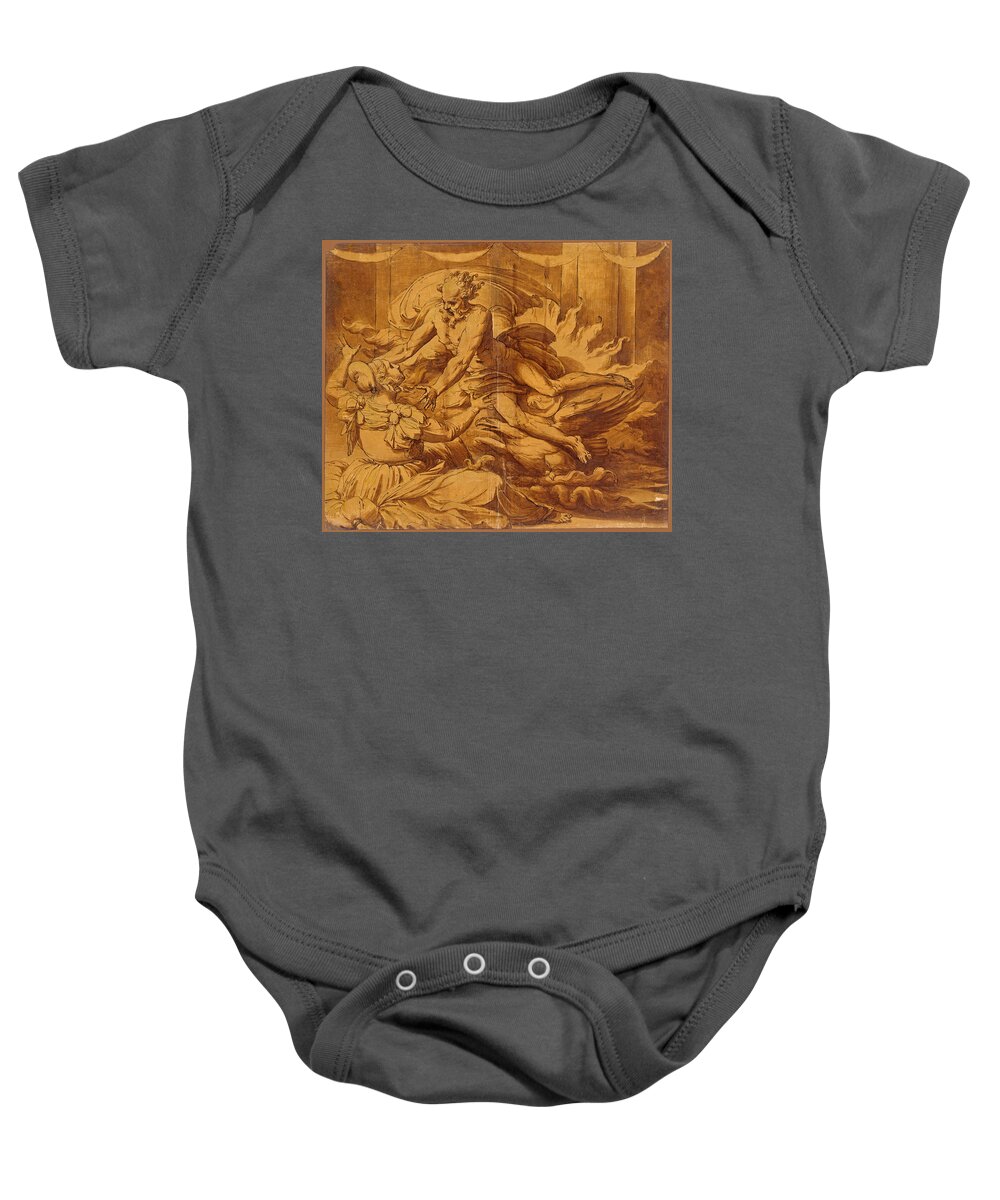 Perino Del Vaga Baby Onesie featuring the drawing Jupiter Appearing to Semele by Perino del Vaga