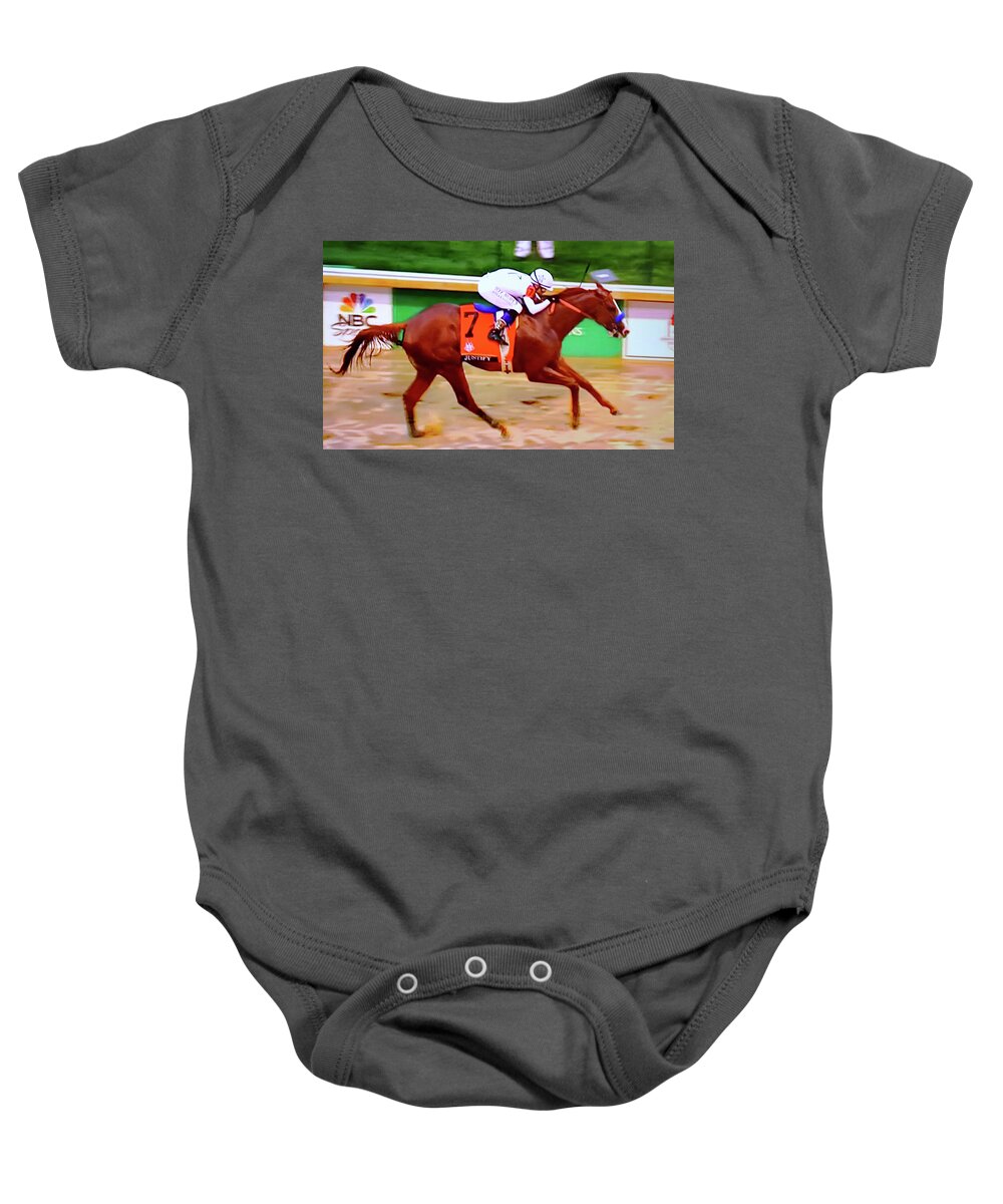 Justify Baby Onesie featuring the photograph Justify wins in the mud by Imagery-at- Work