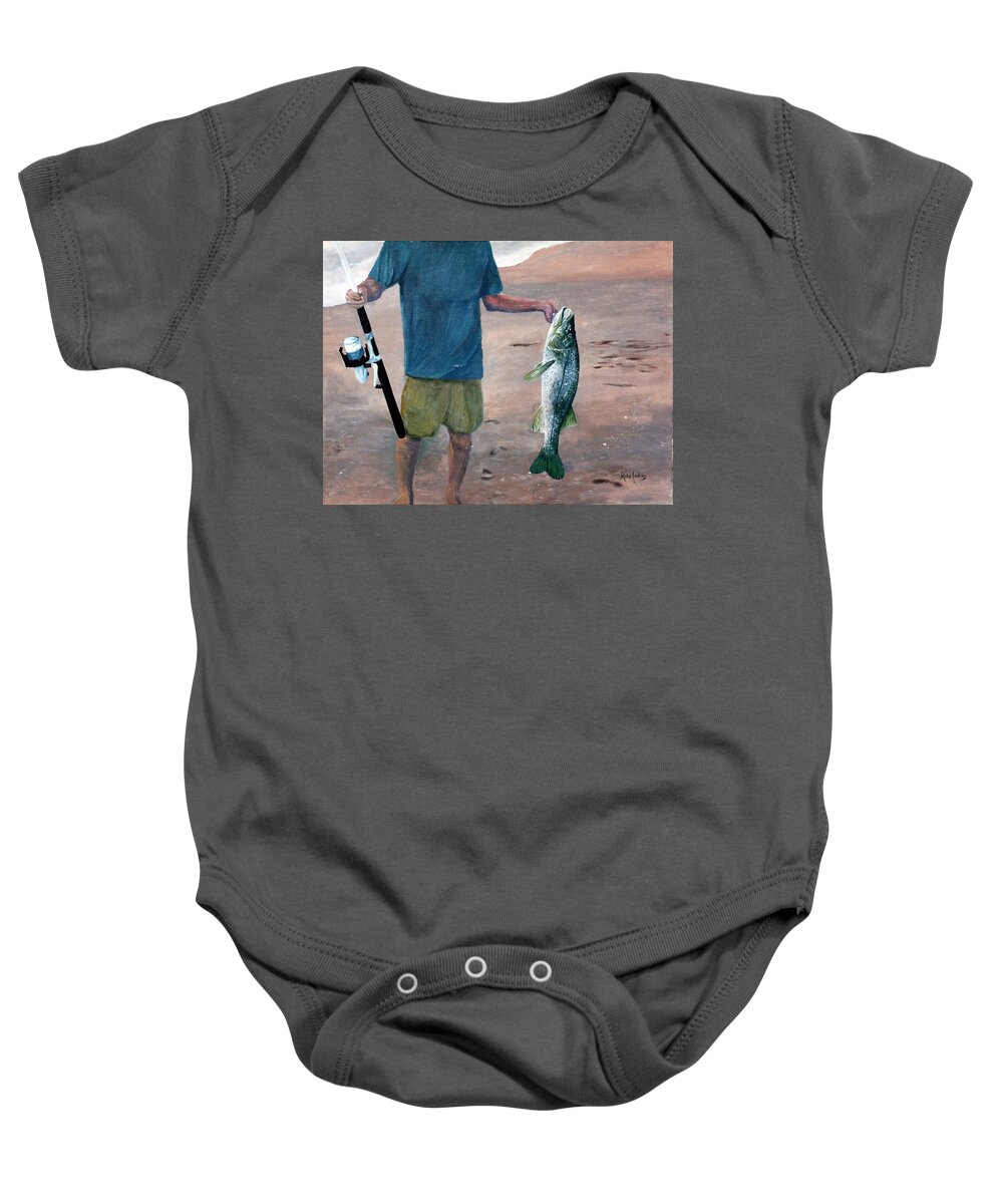 Snook Baby Onesie featuring the painting Keeper My First Snook by Mike Jenkins