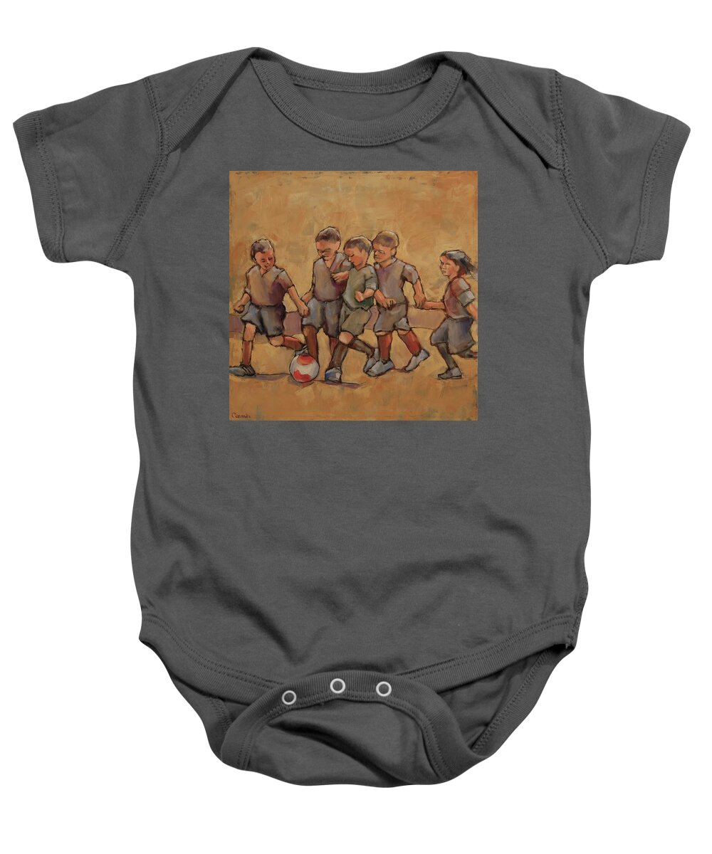 Soccer Baby Onesie featuring the painting Kick It by Jean Cormier