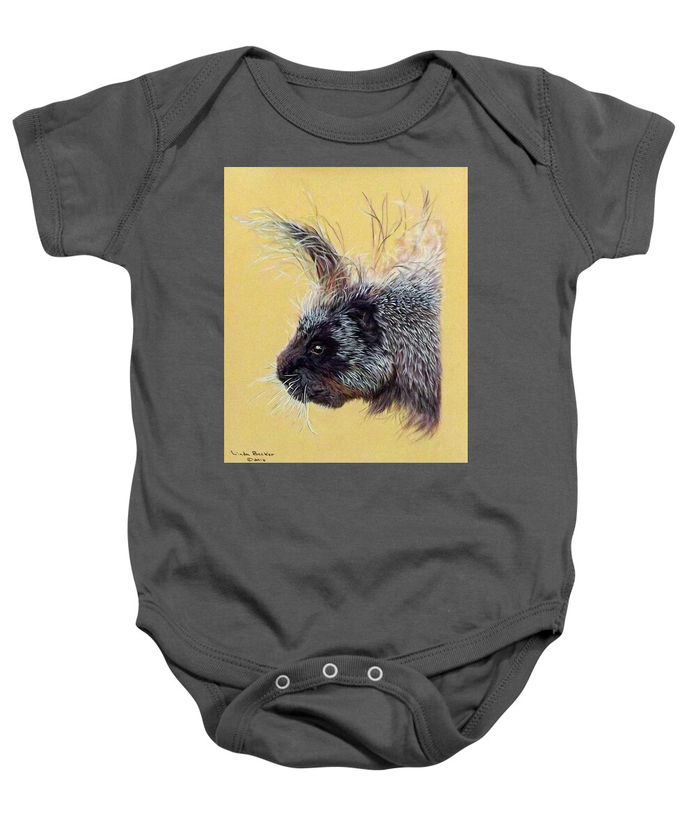 Porcupine Baby Onesie featuring the painting Kit by Linda Becker