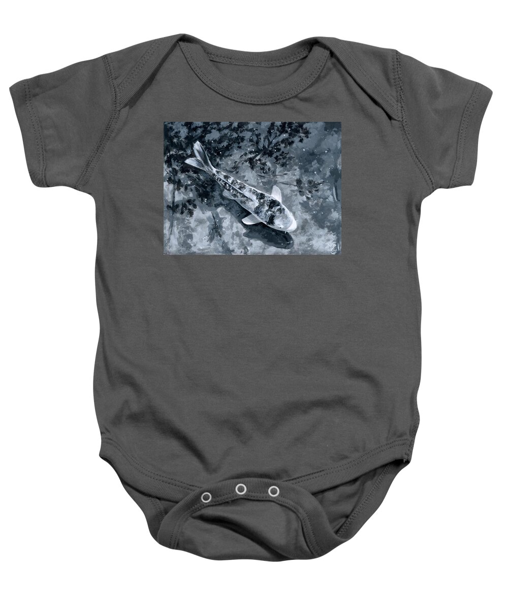 Koi Baby Onesie featuring the painting Koi in Greyscale by Brandy Woods