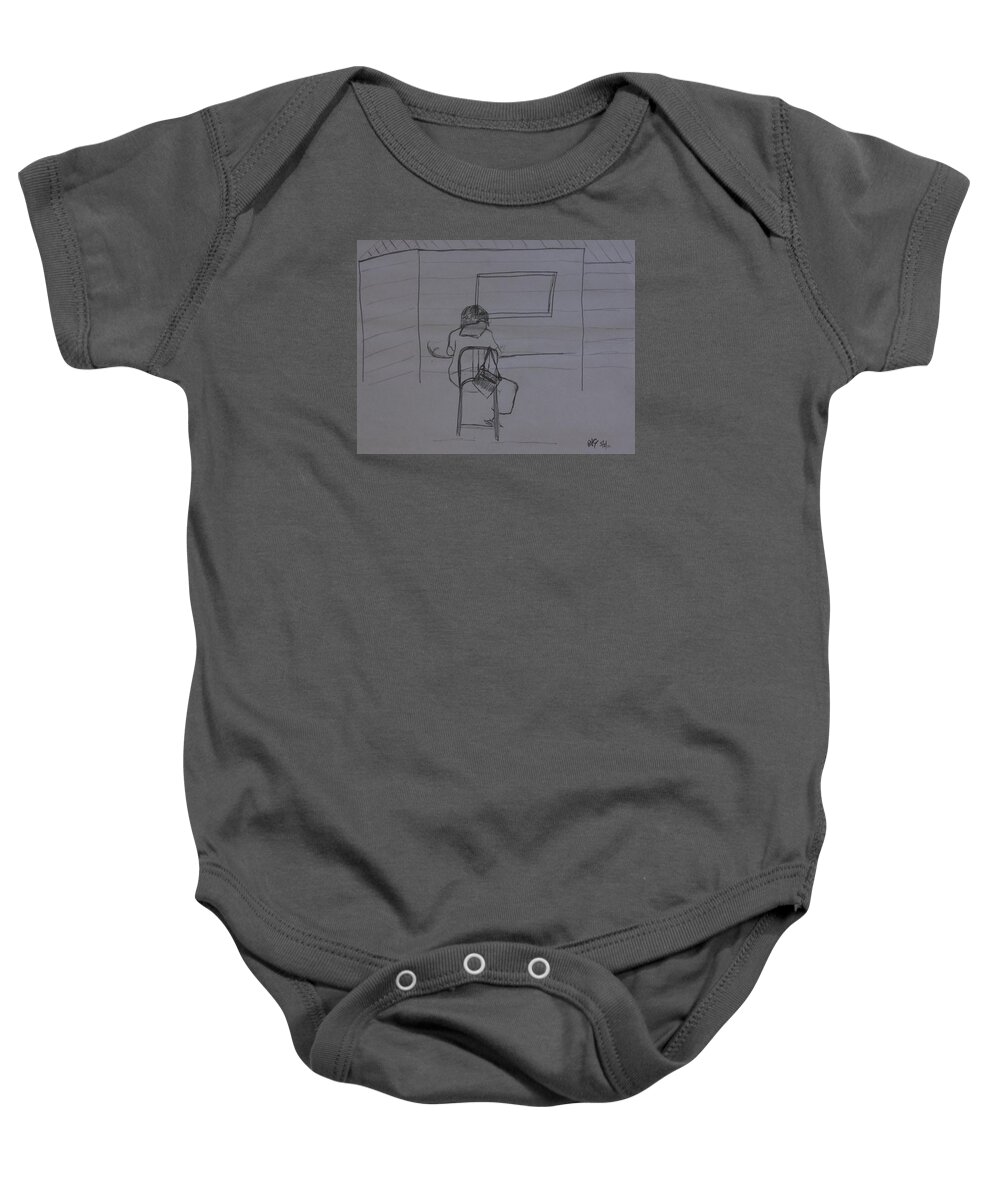 Lady Baby Onesie featuring the drawing Lady drawing at table by Roger Cummiskey