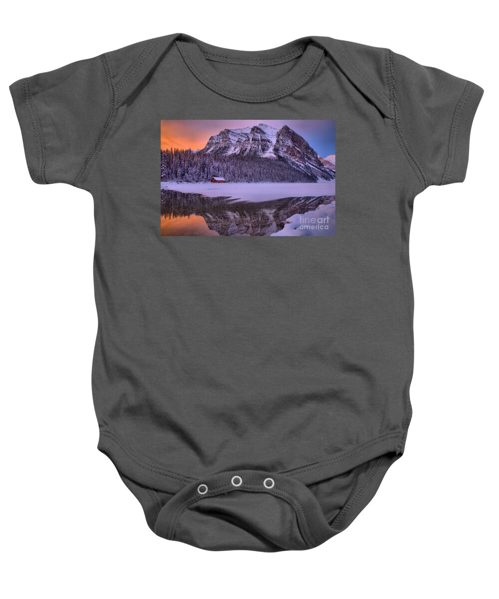 Lake Louise Baby Onesie featuring the photograph Lake Louise Winter Sunrise Reflections by Adam Jewell