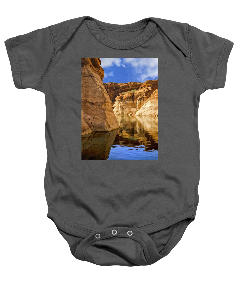 Morning Baby Onesie featuring the painting Lake Powell Stillness by Dominic Piperata
