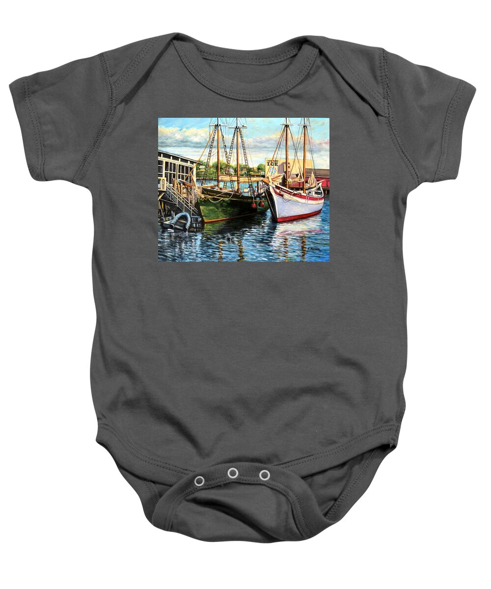 Schooners Baby Onesie featuring the painting Lannon and Ardelle Gloucester MA by Eileen Patten Oliver