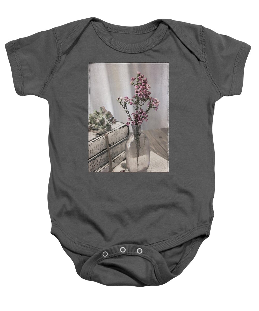 Flowers Baby Onesie featuring the photograph Lavender Bottle with Waxflowers by Teresa Wilson