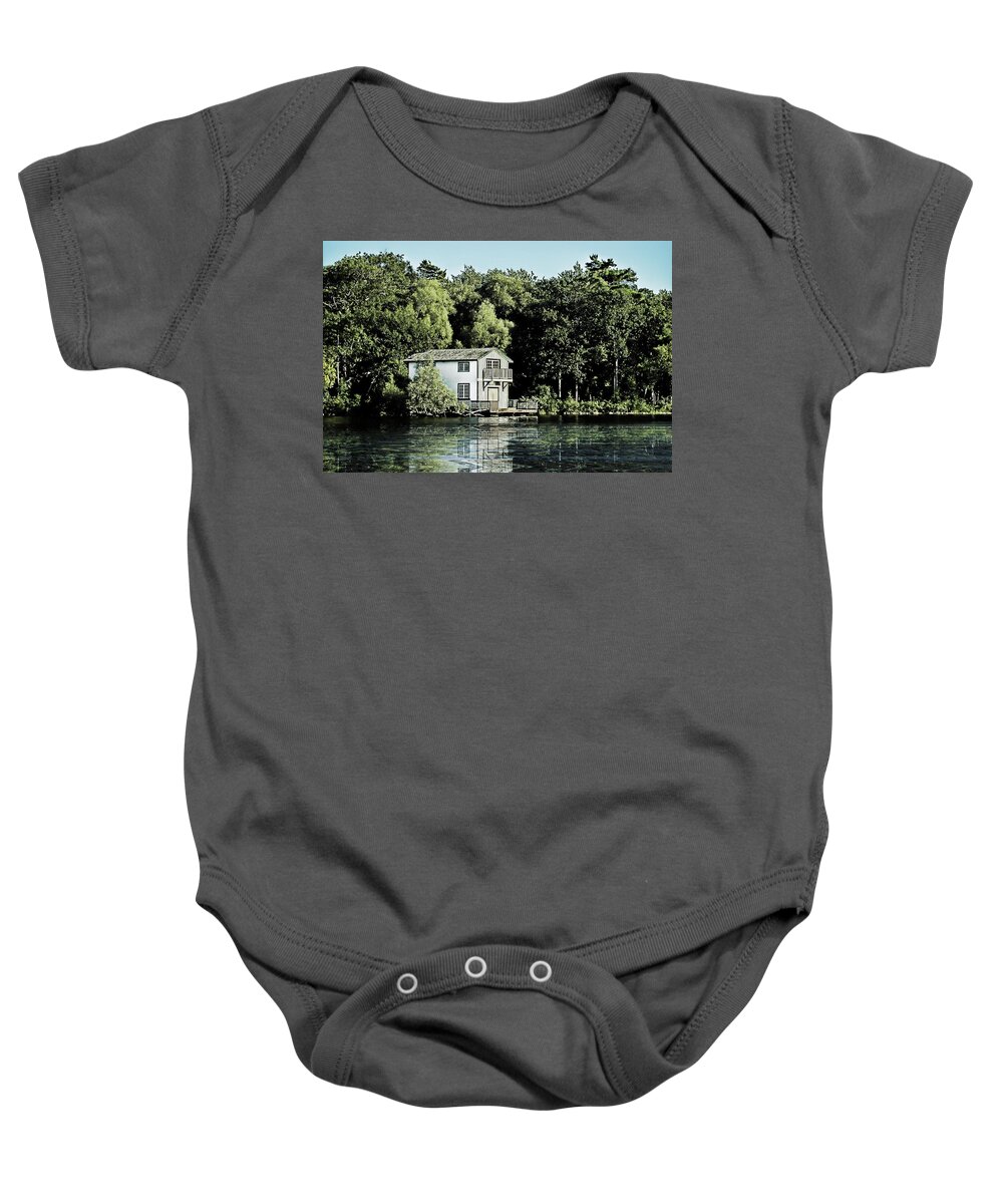 Orillia Baby Onesie featuring the digital art Leacock Boathouse by JGracey Stinson